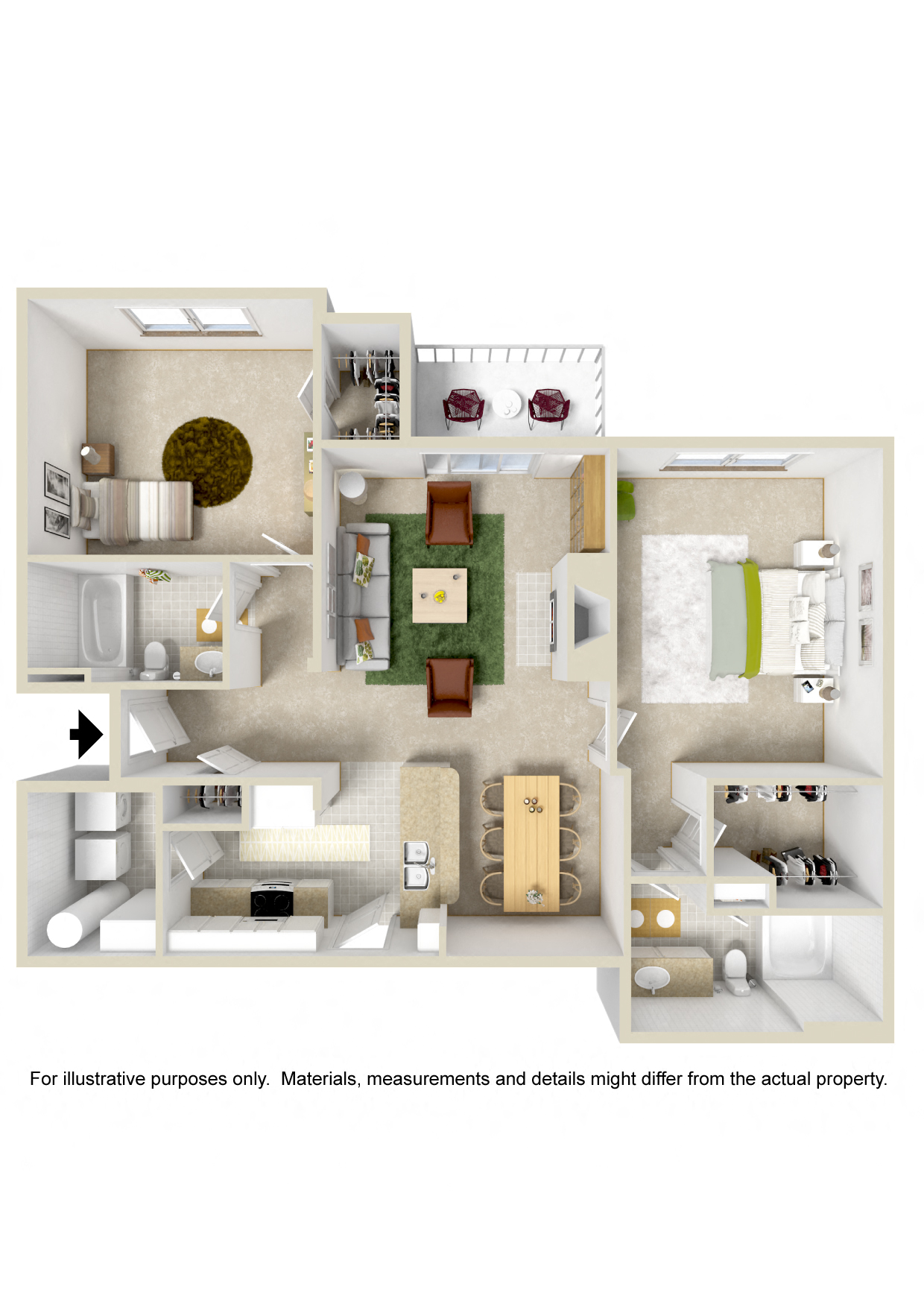 Floor plan for 2 beds, 2 baths, 1129 sqft